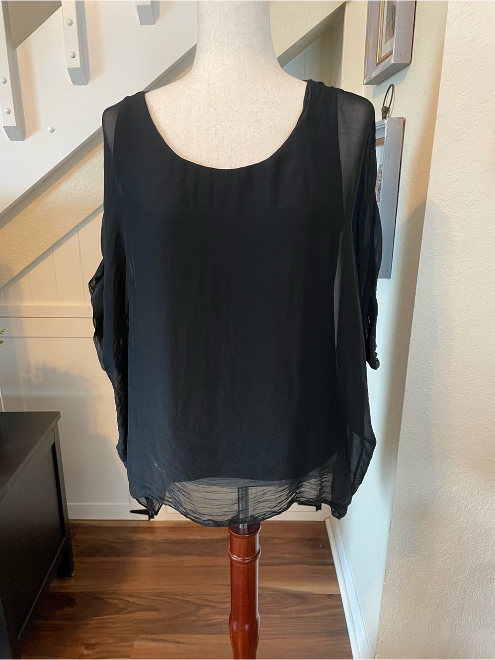 Mahina Silk Overlay Blouse Black Sheer Capelet Top One Size OS Flowy Boho
